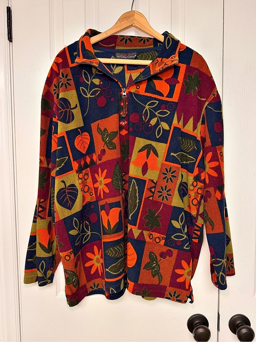 Vintage 90s Oleg Cassini Fleece Quarter Zip Patchwork Floral Fall Autumn Gorpcor